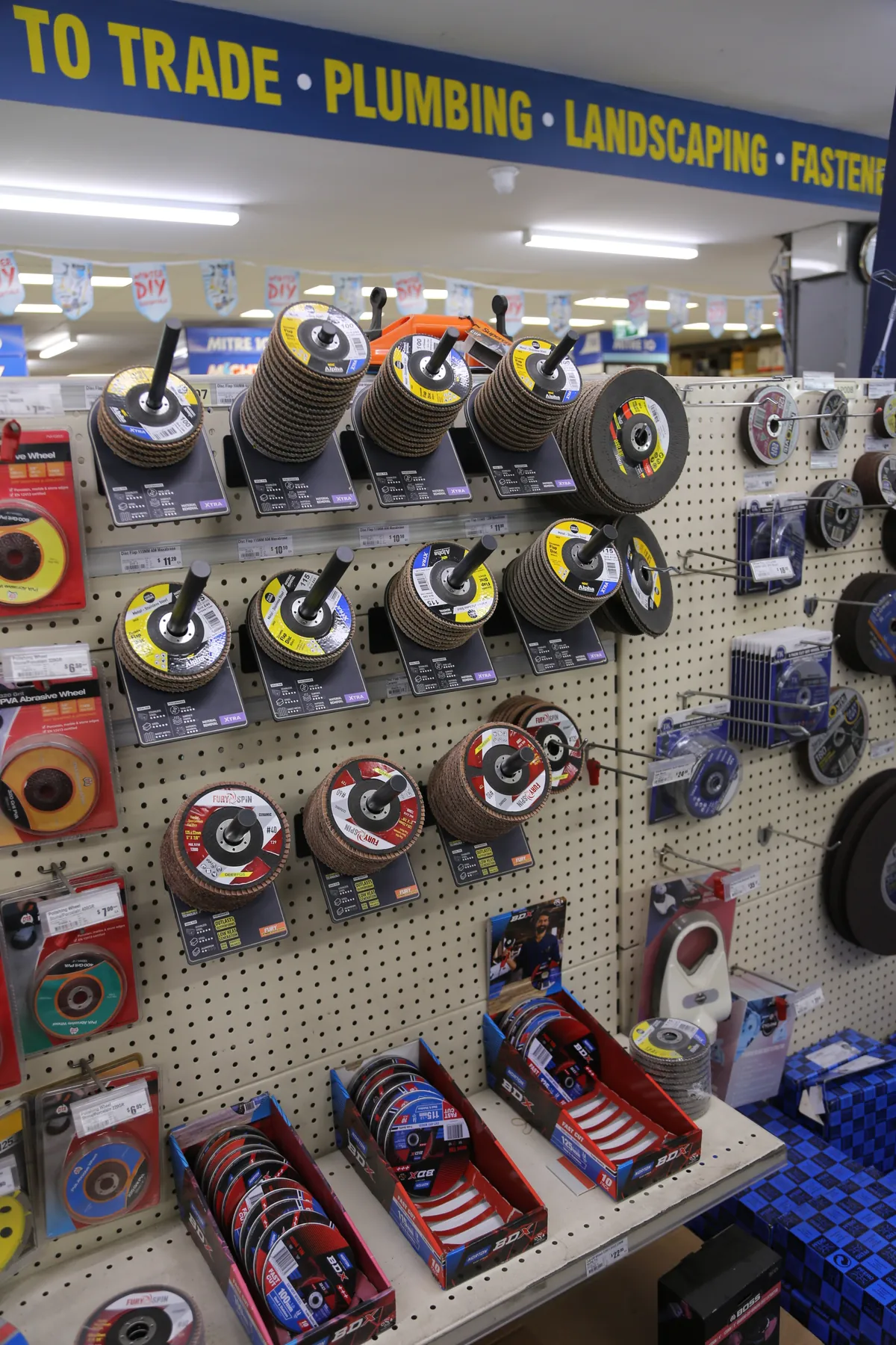 Abrasives wall — flap discs, cutting and grinding wheels at Miller's Mitre 10 Narangba