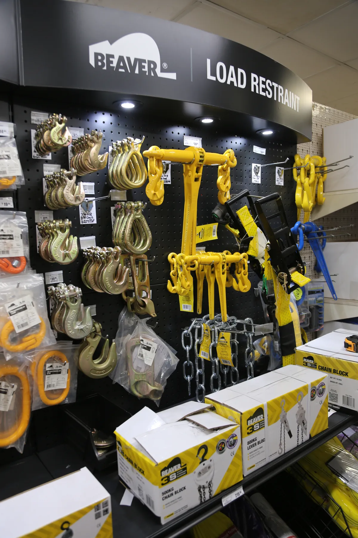 Beaver load restraint display — chain load binders, grab hooks and chain blocks at Miller's Mitre 10 Narangba